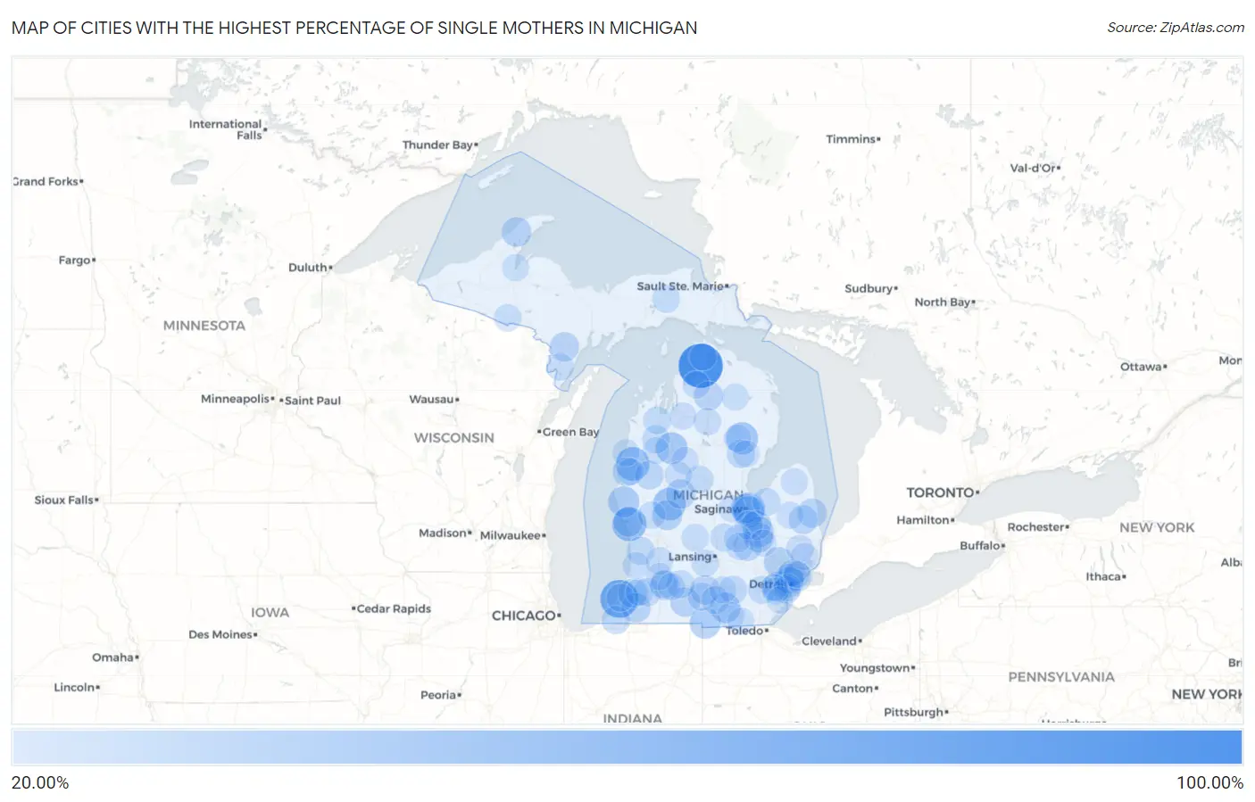 Cities with the Highest Percentage of Single Mothers in Michigan Map