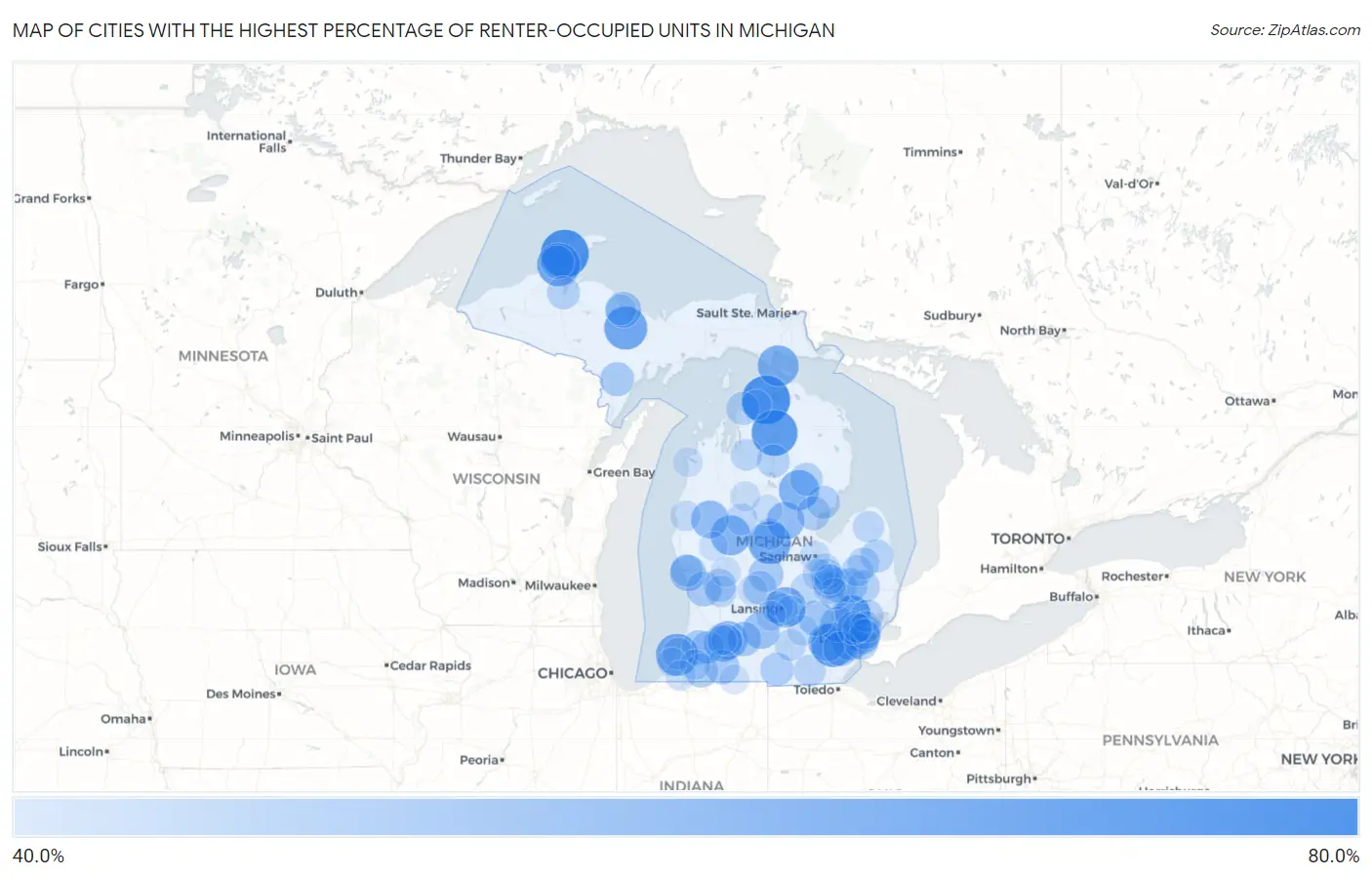 Cities with the Highest Percentage of Renter-Occupied Units in Michigan Map