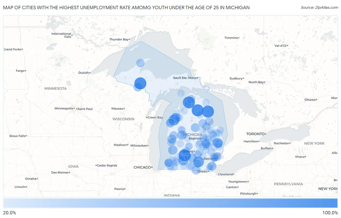 Cities with the Highest Unemployment Rate Amomg Youth Under the Age of 25 in Michigan Map