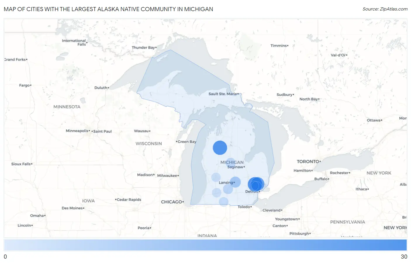 Cities with the Largest Alaska Native Community in Michigan Map