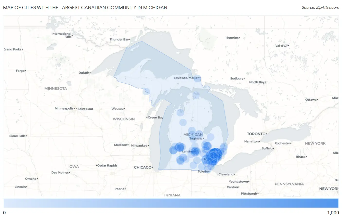 Cities with the Largest Canadian Community in Michigan Map