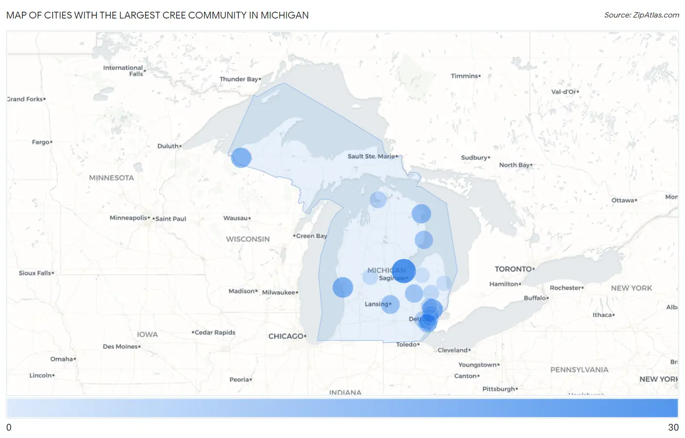 Cities with the Largest Cree Community in Michigan Map