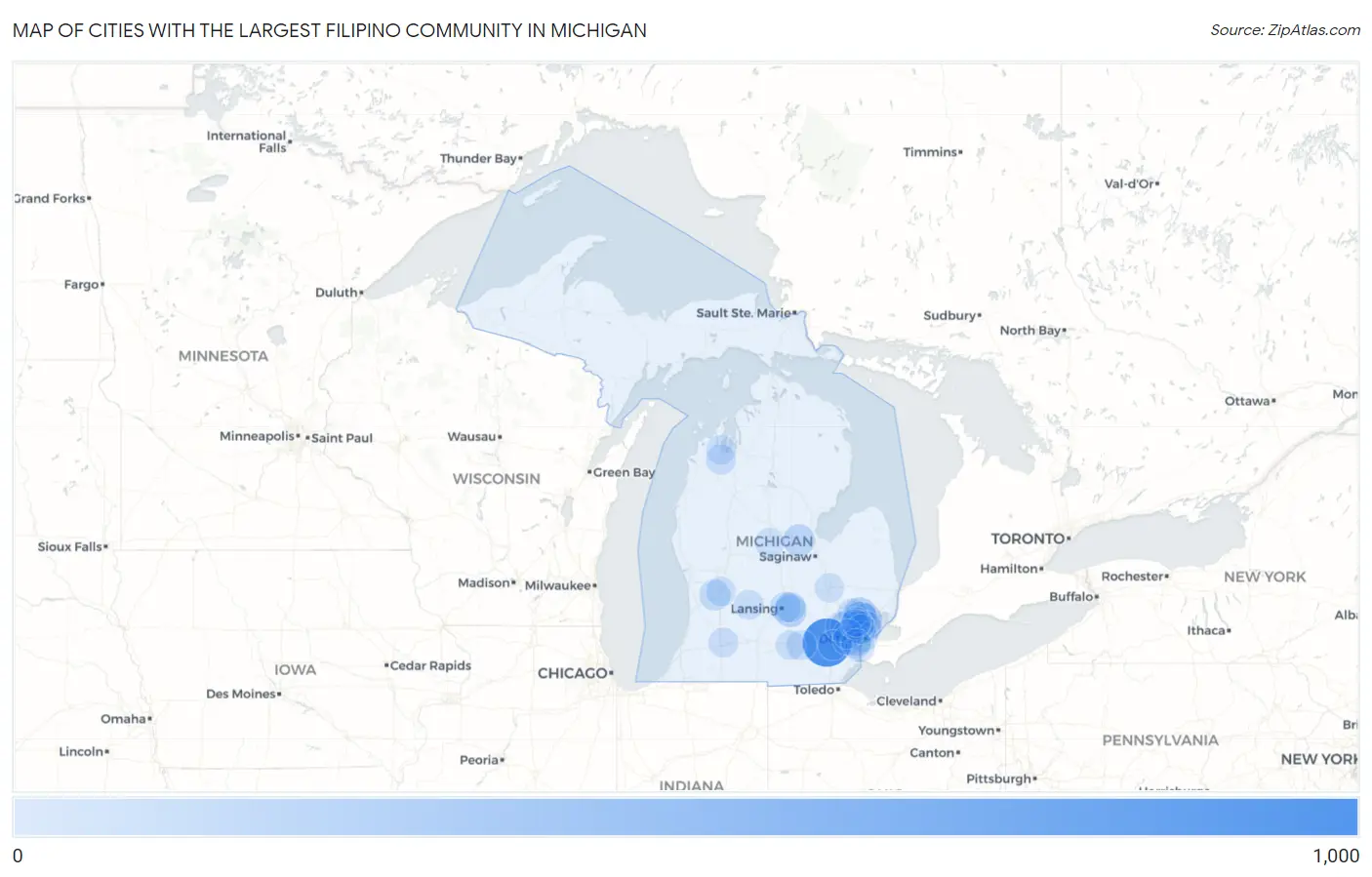 Cities with the Largest Filipino Community in Michigan Map