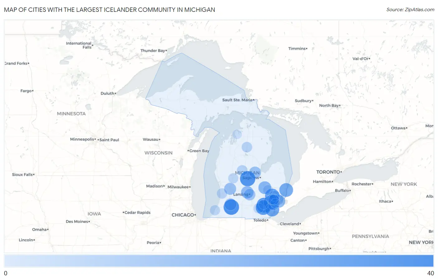 Cities with the Largest Icelander Community in Michigan Map