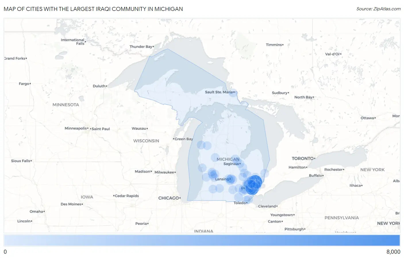 Cities with the Largest Iraqi Community in Michigan Map