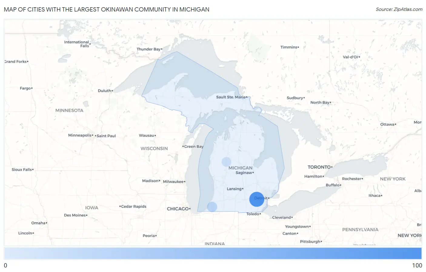 Cities with the Largest Okinawan Community in Michigan Map
