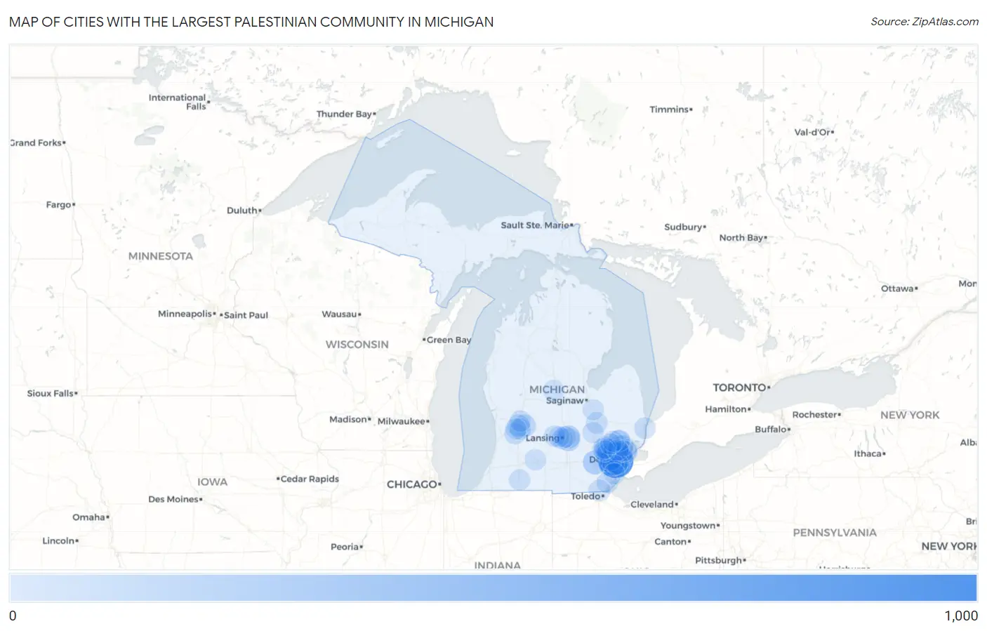 Cities with the Largest Palestinian Community in Michigan Map