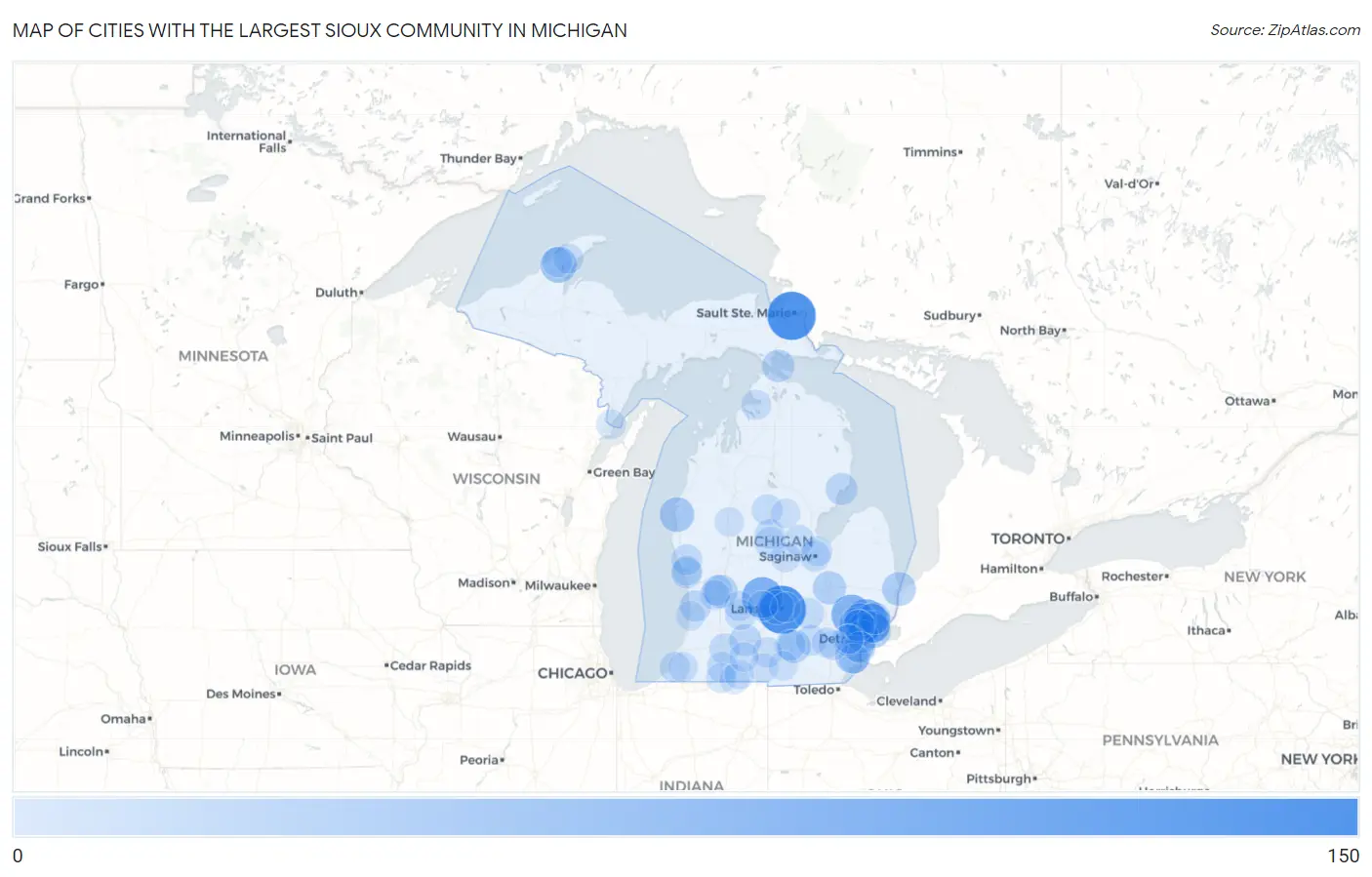 Cities with the Largest Sioux Community in Michigan Map