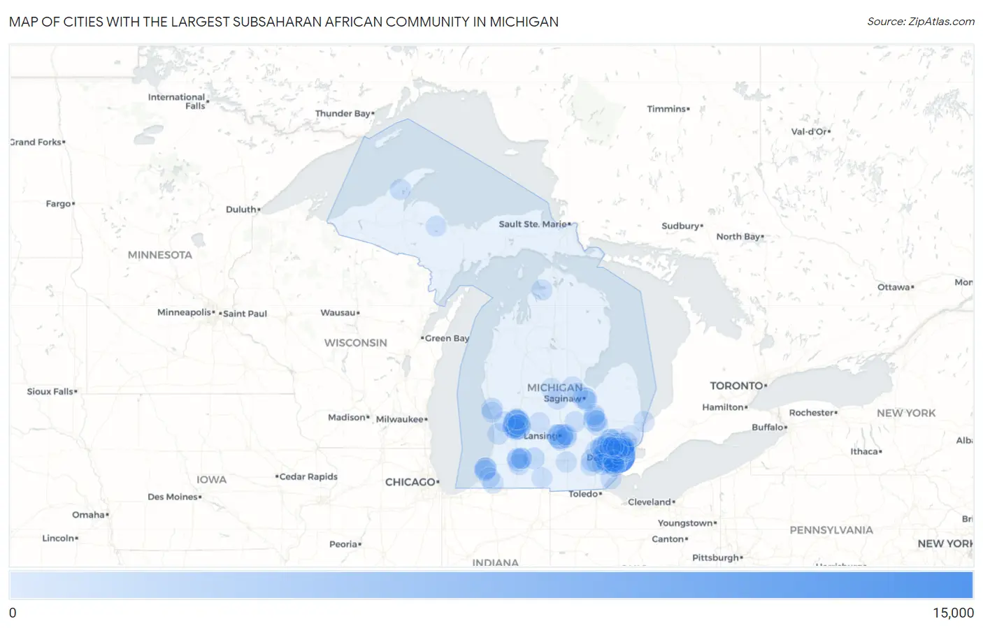 Cities with the Largest Subsaharan African Community in Michigan Map