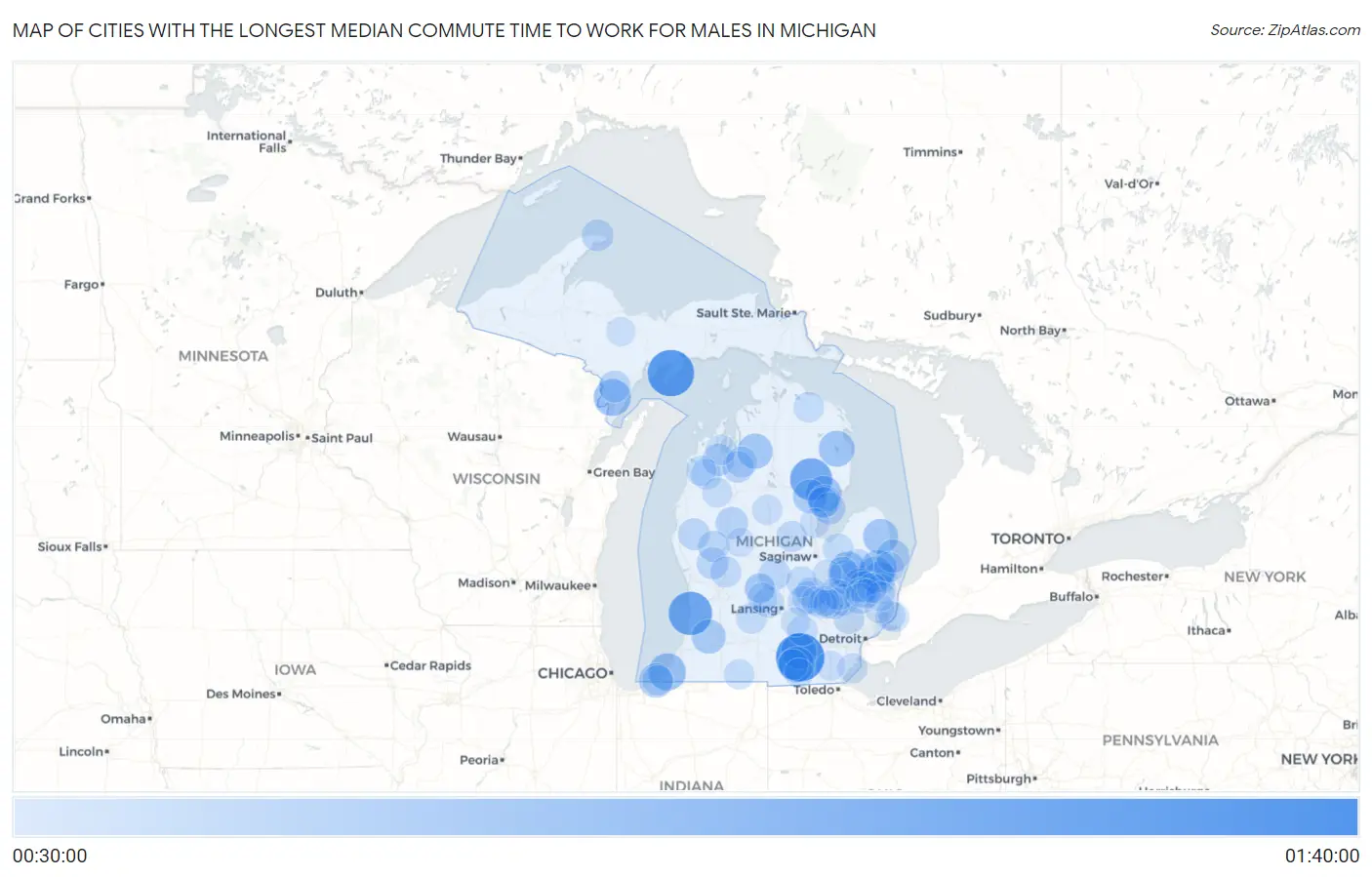 Cities with the Longest Median Commute Time to Work for Males in Michigan Map