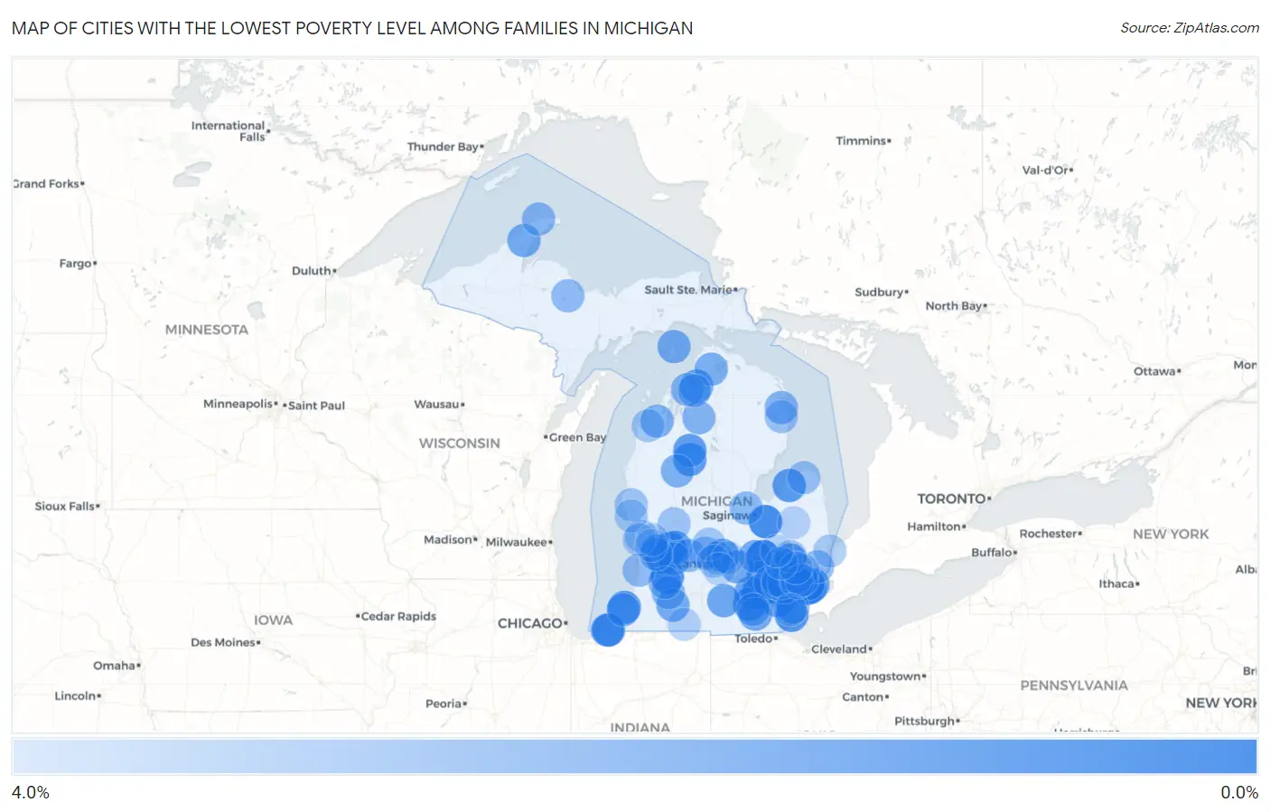 Cities with the Lowest Poverty Level Among Families in Michigan Map
