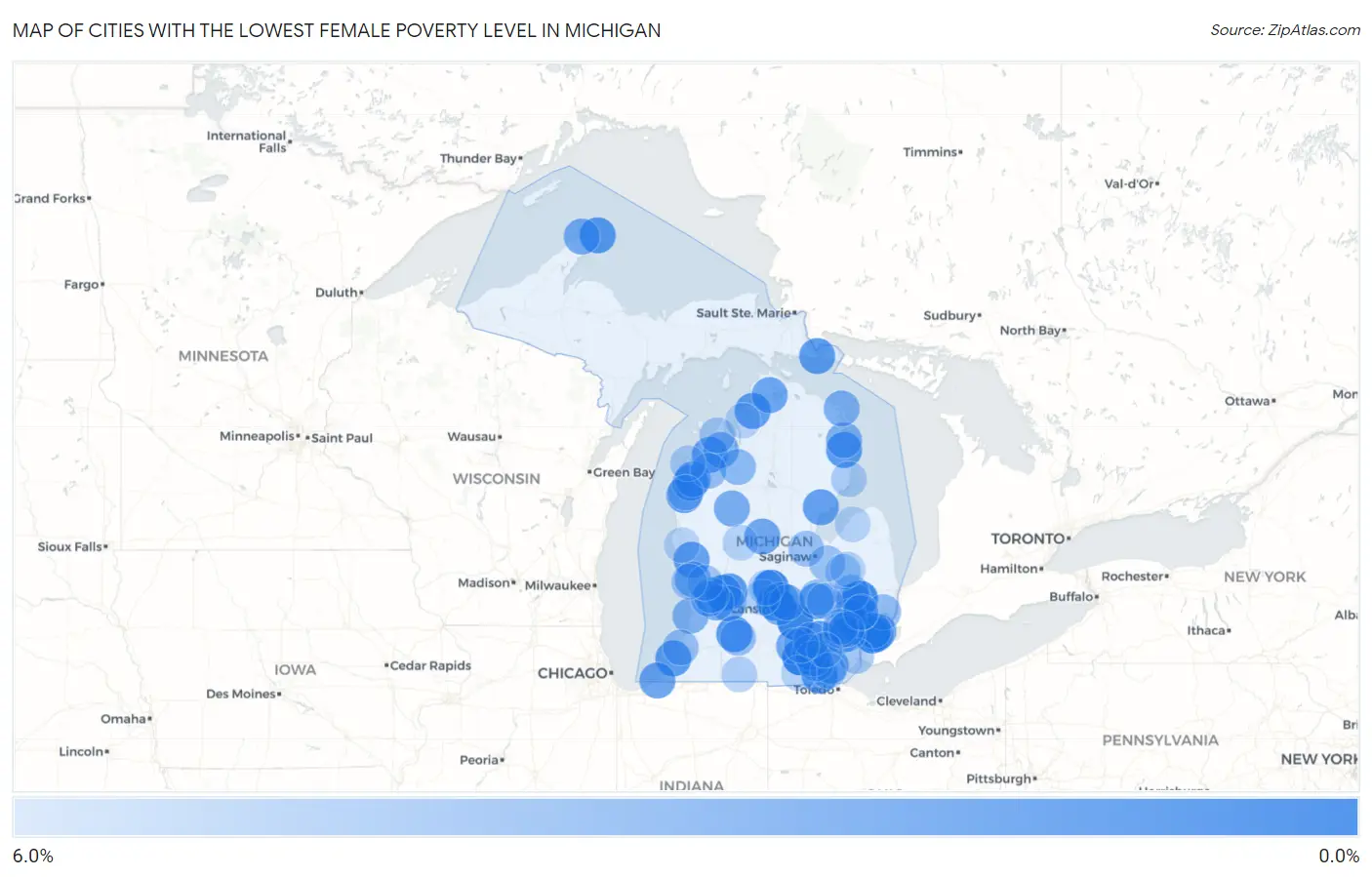 Cities with the Lowest Female Poverty Level in Michigan Map