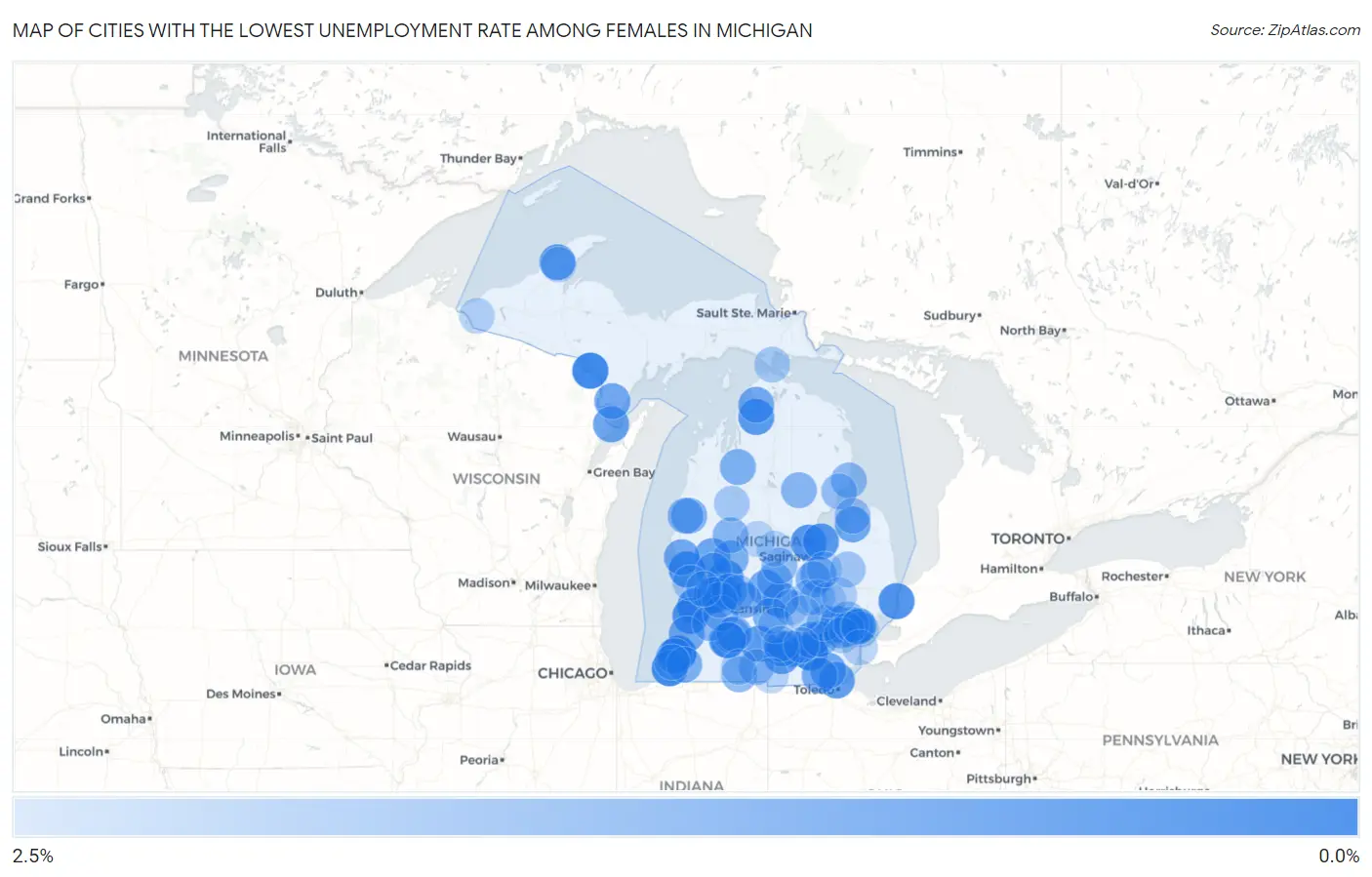 Cities with the Lowest Unemployment Rate Among Females in Michigan Map