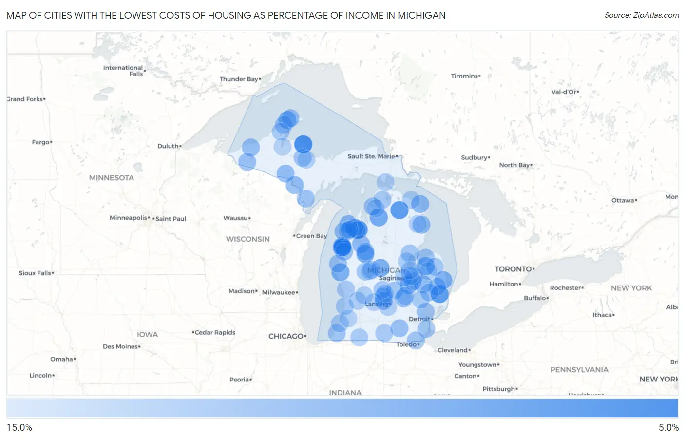 Cities with the Lowest Costs of Housing as Percentage of Income in Michigan Map