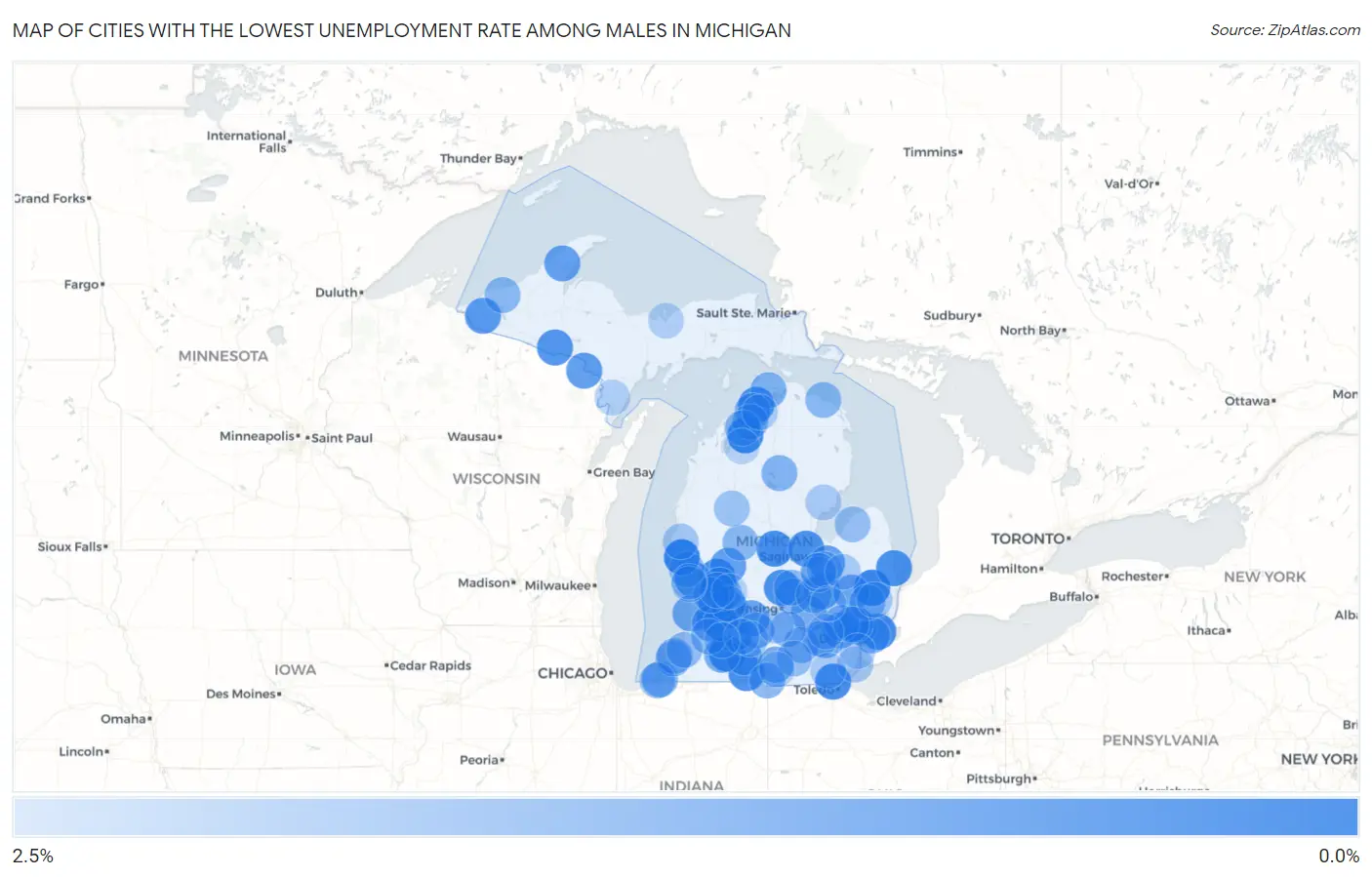 Cities with the Lowest Unemployment Rate Among Males in Michigan Map