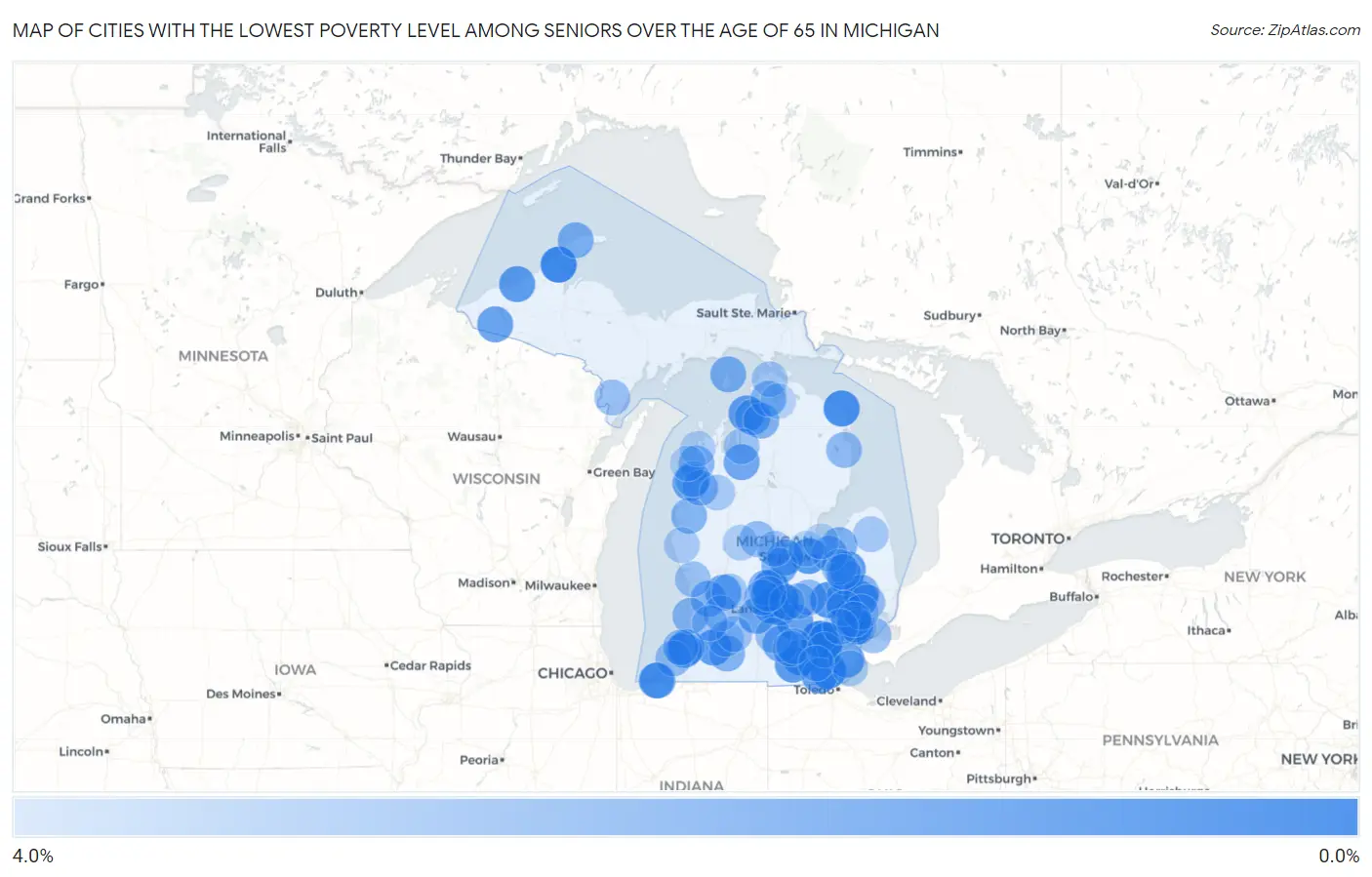 Cities with the Lowest Poverty Level Among Seniors Over the Age of 65 in Michigan Map