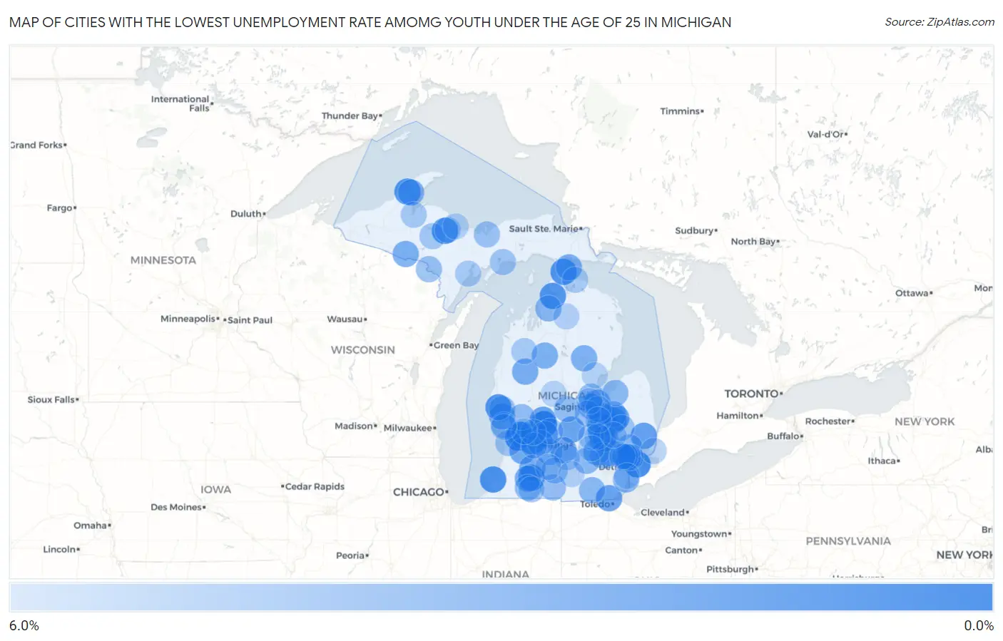Cities with the Lowest Unemployment Rate Amomg Youth Under the Age of 25 in Michigan Map