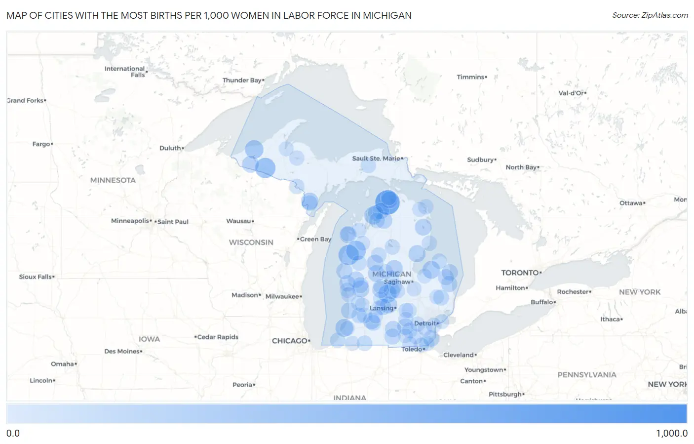 Cities with the Most Births per 1,000 Women in Labor Force in Michigan Map