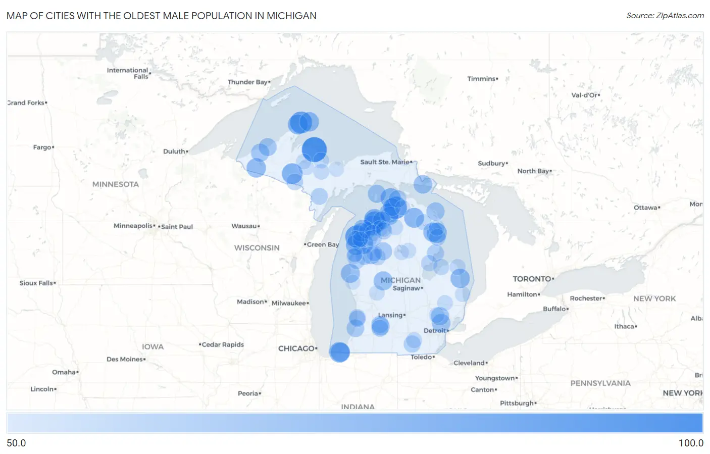 Cities with the Oldest Male Population in Michigan Map