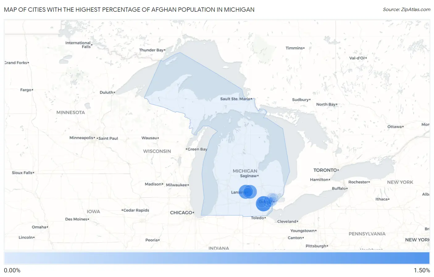 Cities with the Highest Percentage of Afghan Population in Michigan Map