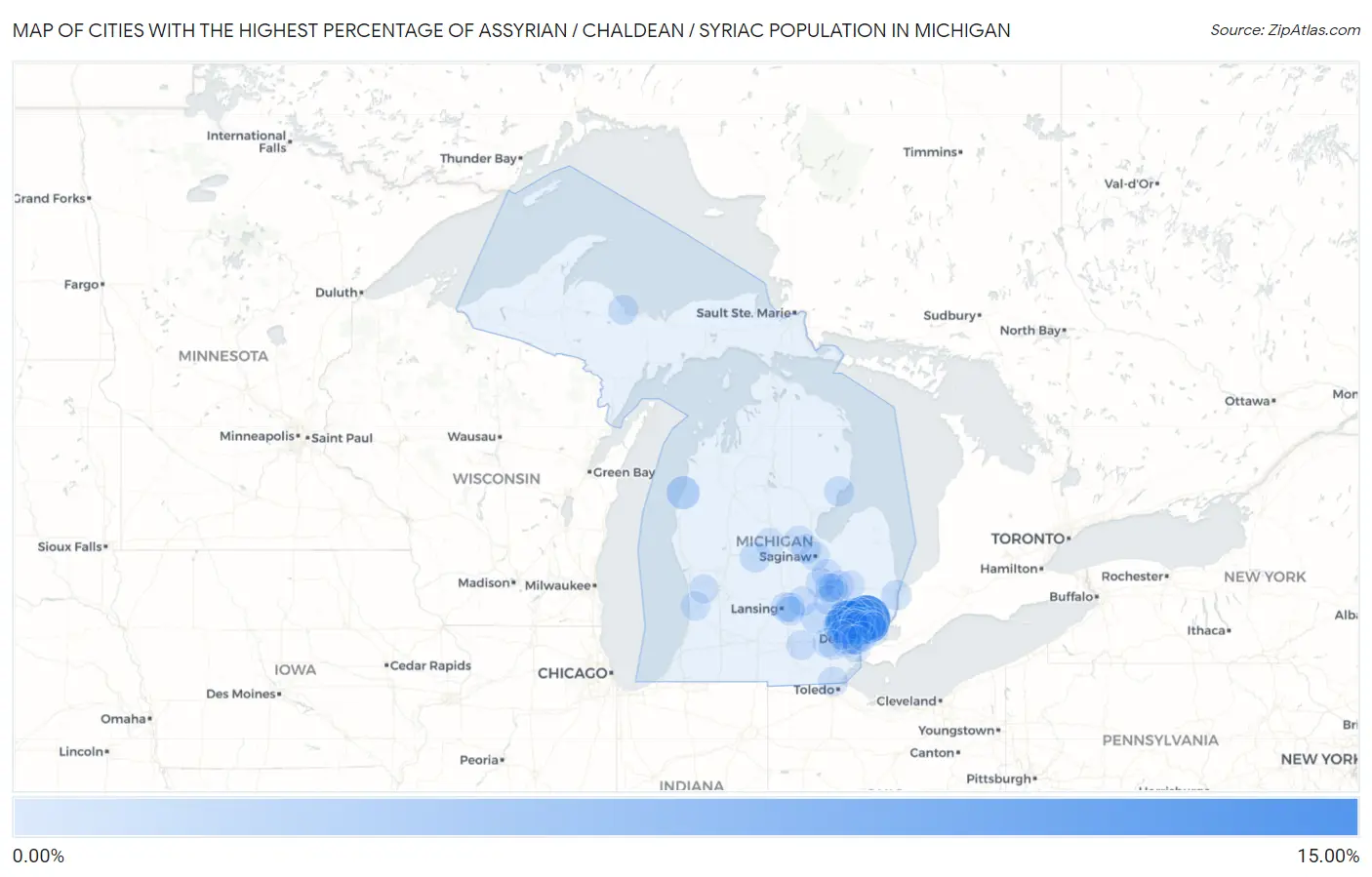 Cities with the Highest Percentage of Assyrian / Chaldean / Syriac Population in Michigan Map