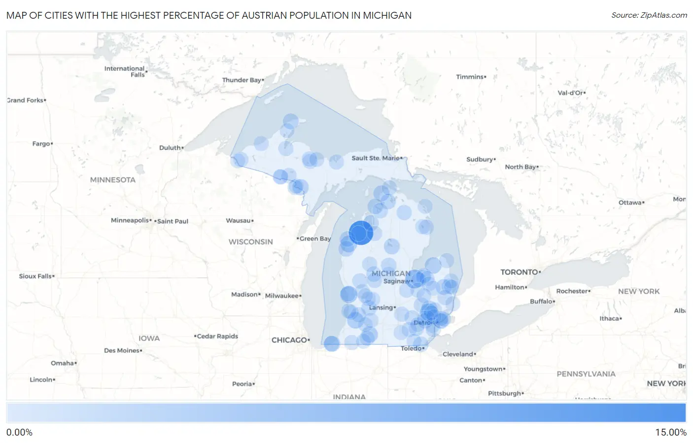 Cities with the Highest Percentage of Austrian Population in Michigan Map