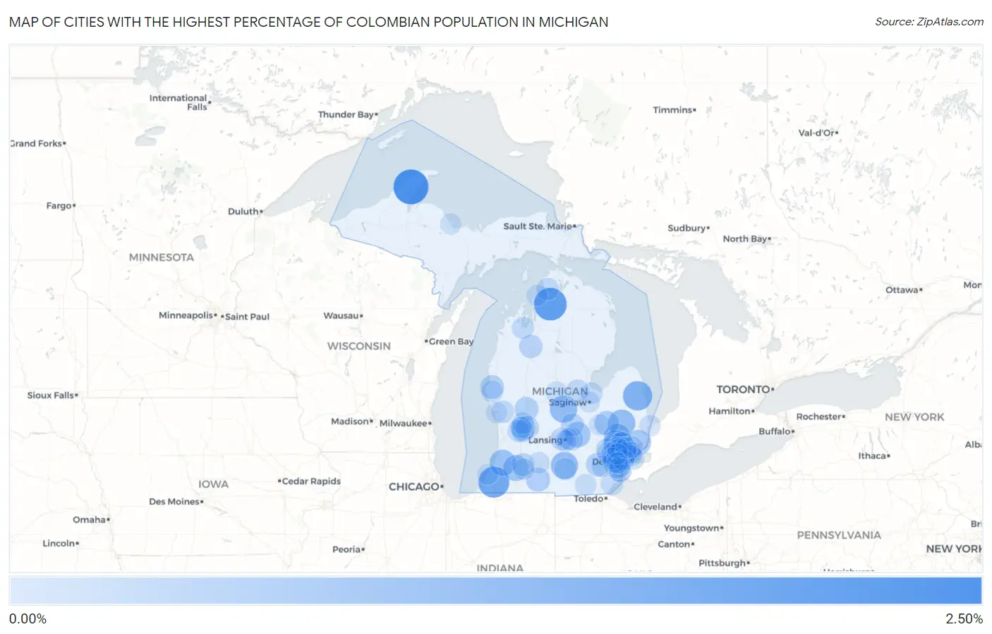 Cities with the Highest Percentage of Colombian Population in Michigan Map