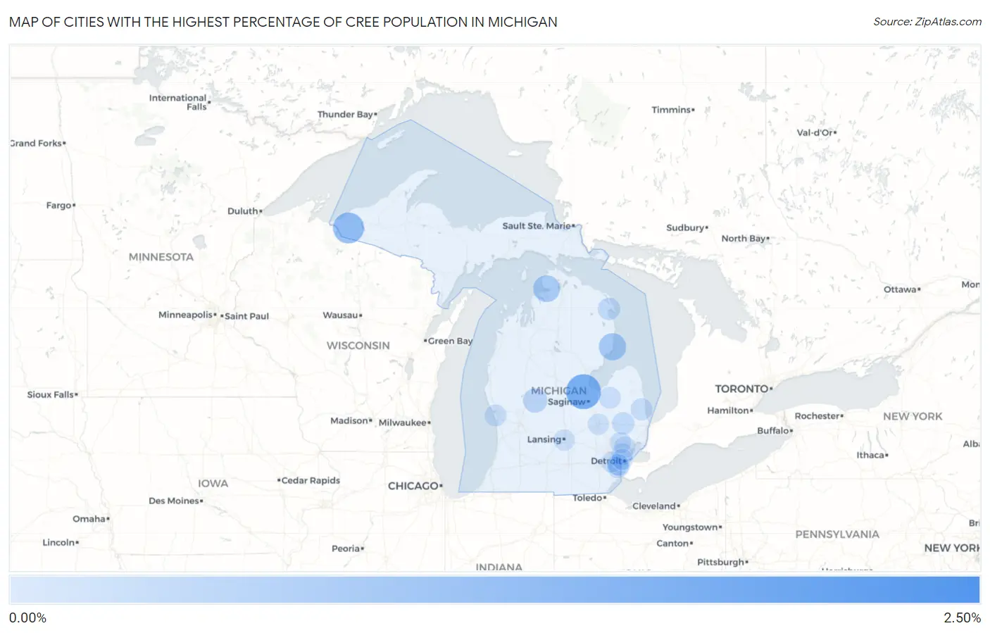 Cities with the Highest Percentage of Cree Population in Michigan Map