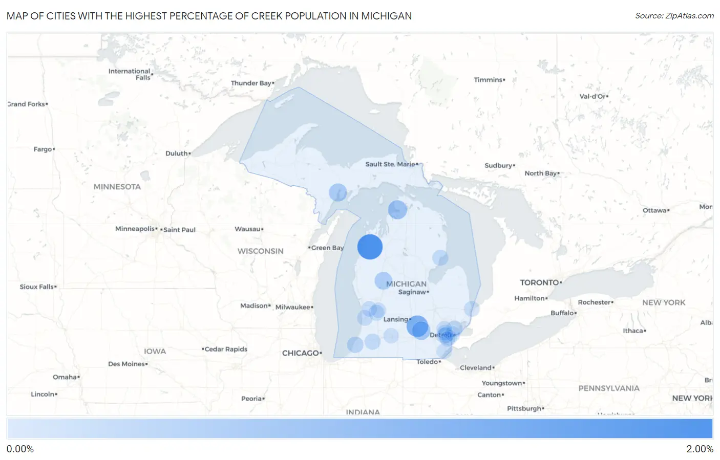 Cities with the Highest Percentage of Creek Population in Michigan Map
