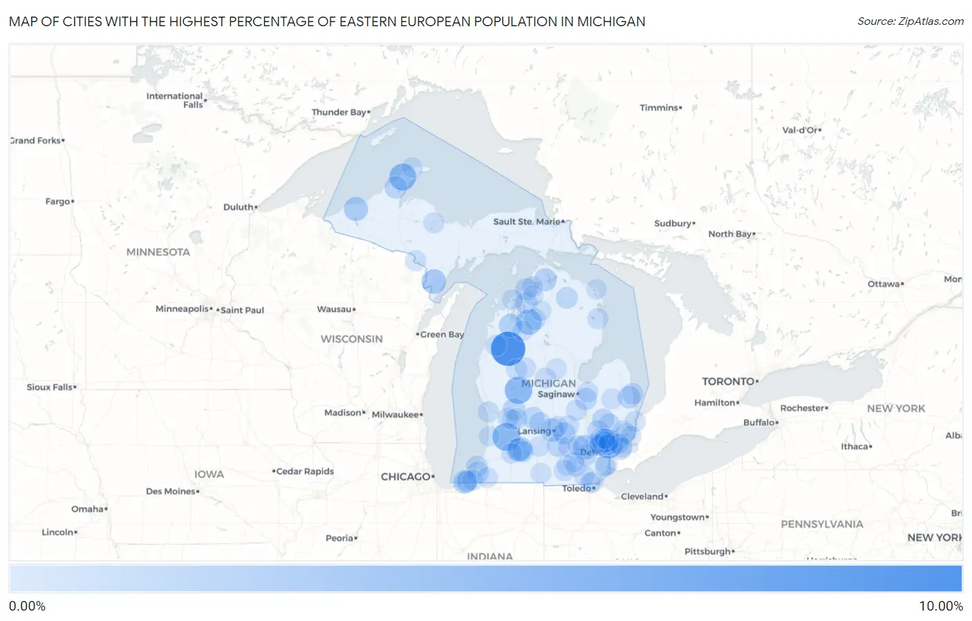 Cities with the Highest Percentage of Eastern European Population in Michigan Map