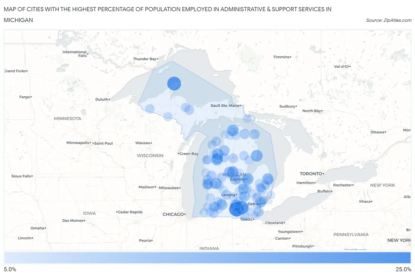 Cities with the Highest Percentage of Population Employed in Administrative & Support Services in Michigan Map