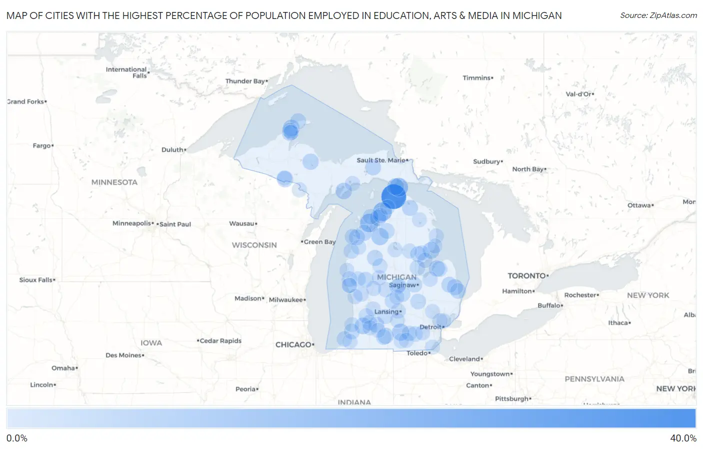Cities with the Highest Percentage of Population Employed in Education, Arts & Media in Michigan Map