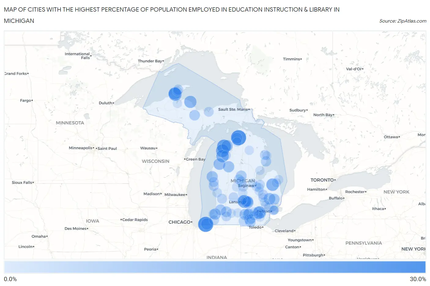 Cities with the Highest Percentage of Population Employed in Education Instruction & Library in Michigan Map
