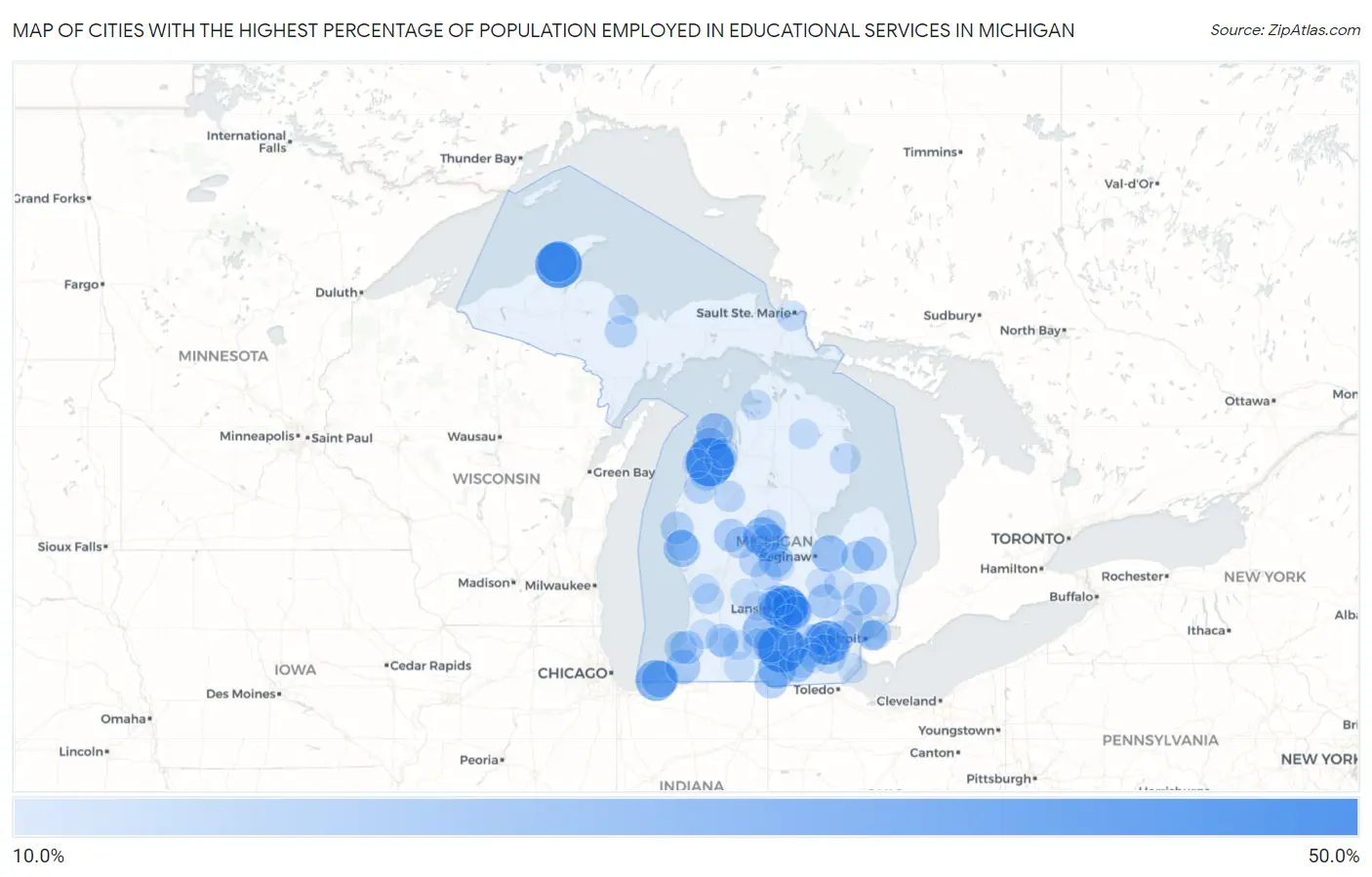 Cities with the Highest Percentage of Population Employed in Educational Services in Michigan Map