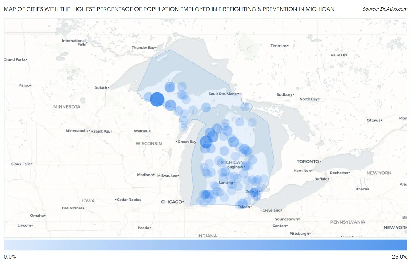 Cities with the Highest Percentage of Population Employed in Firefighting & Prevention in Michigan Map