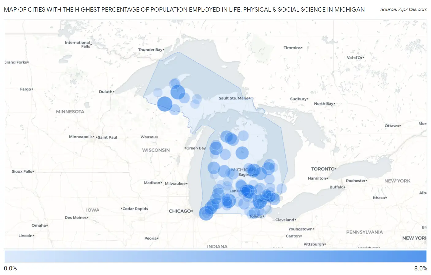 Cities with the Highest Percentage of Population Employed in Life, Physical & Social Science in Michigan Map