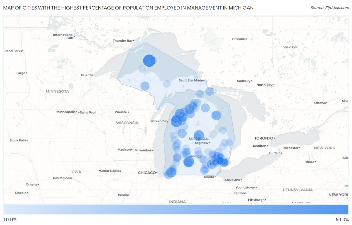 Cities with the Highest Percentage of Population Employed in Management in Michigan Map