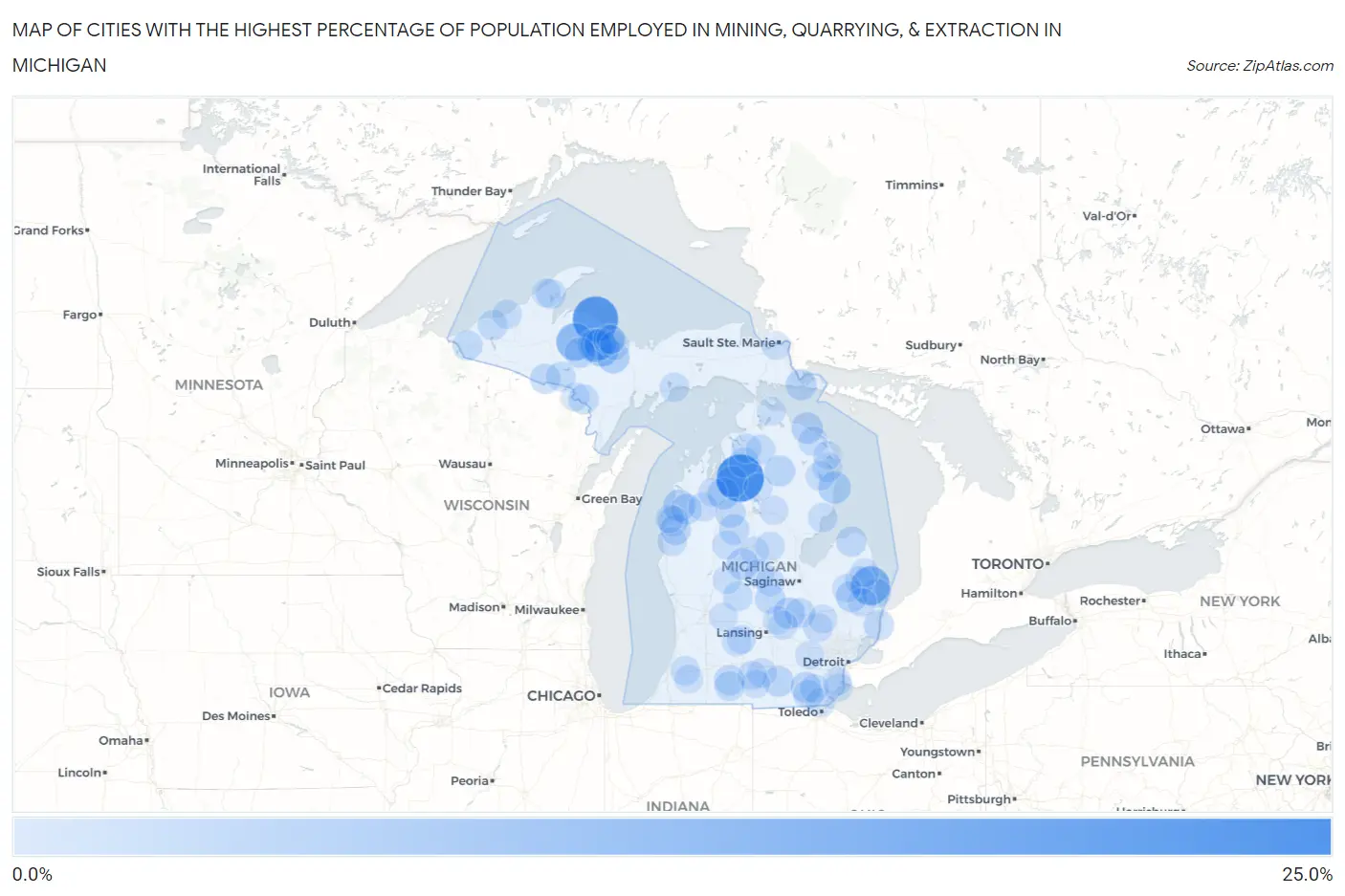 Cities with the Highest Percentage of Population Employed in Mining, Quarrying, & Extraction in Michigan Map