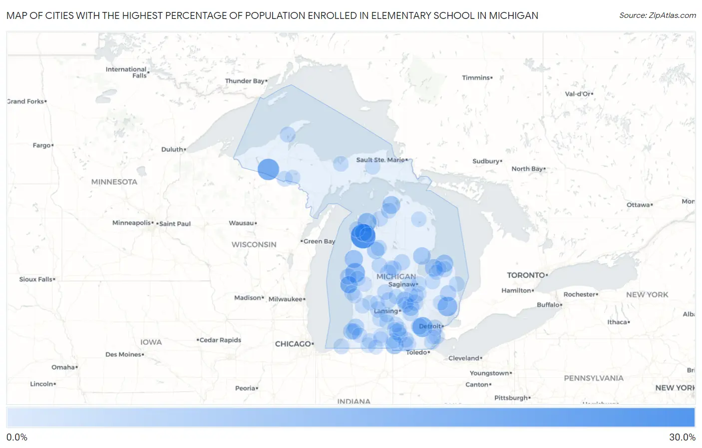 Cities with the Highest Percentage of Population Enrolled in Elementary School in Michigan Map