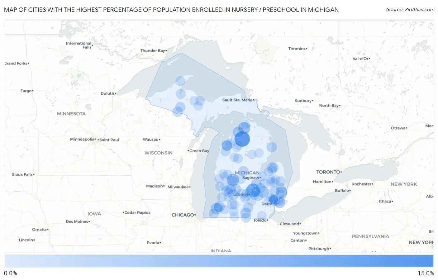 Cities with the Highest Percentage of Population Enrolled in Nursery / Preschool in Michigan Map