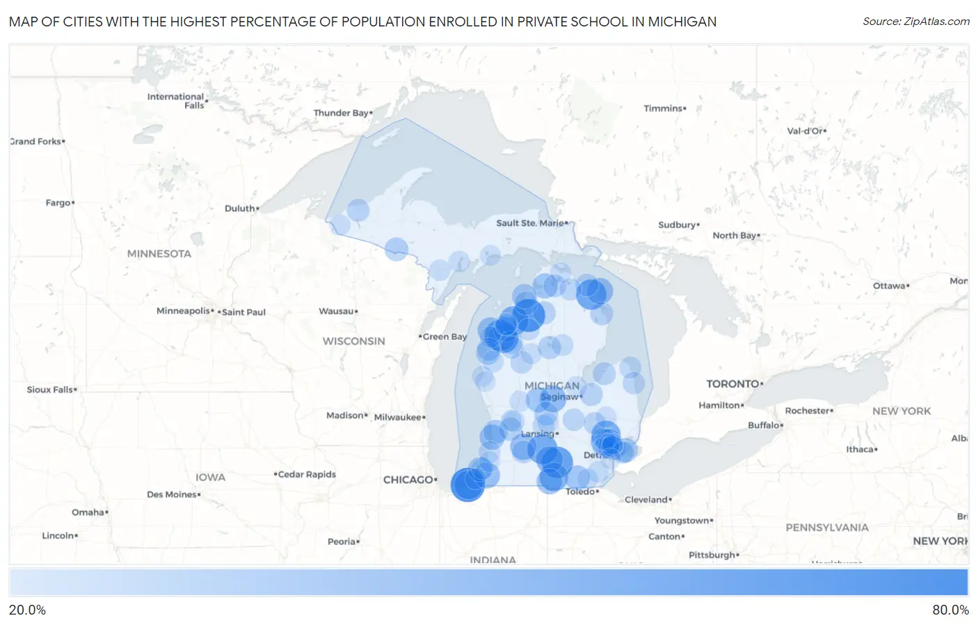 Cities with the Highest Percentage of Population Enrolled in Private School in Michigan Map