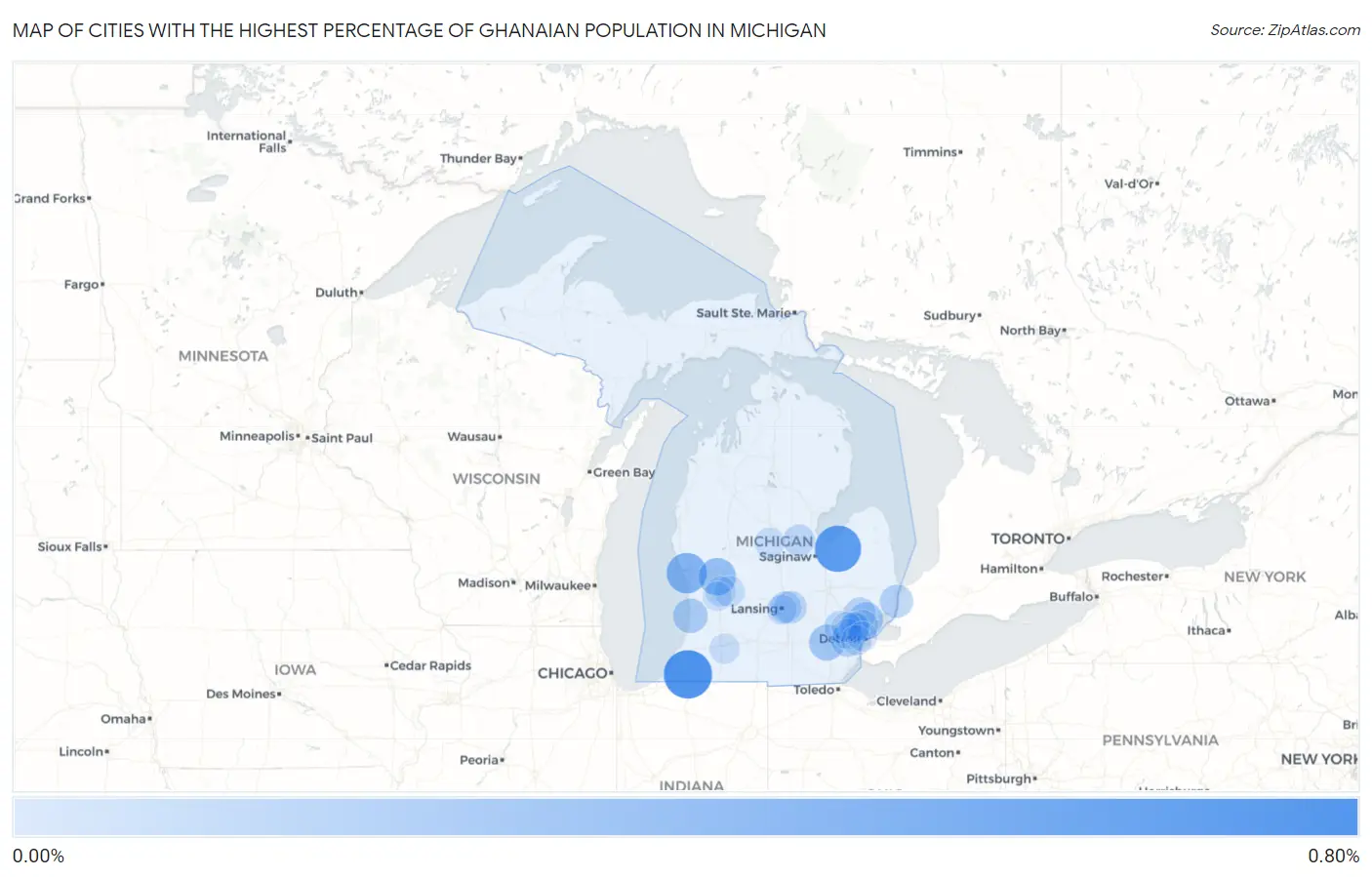 Cities with the Highest Percentage of Ghanaian Population in Michigan Map
