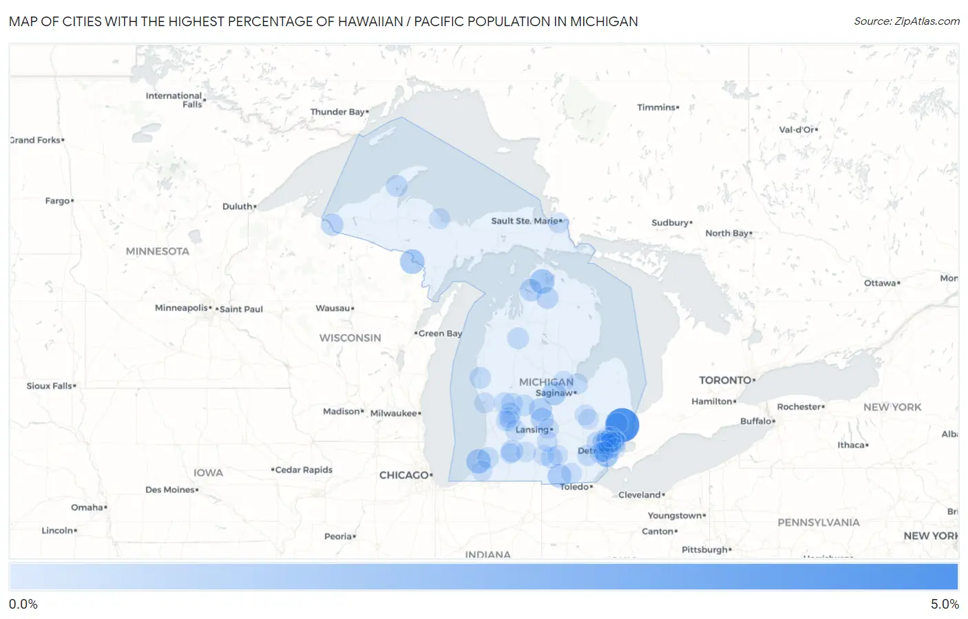 Cities with the Highest Percentage of Hawaiian / Pacific Population in Michigan Map