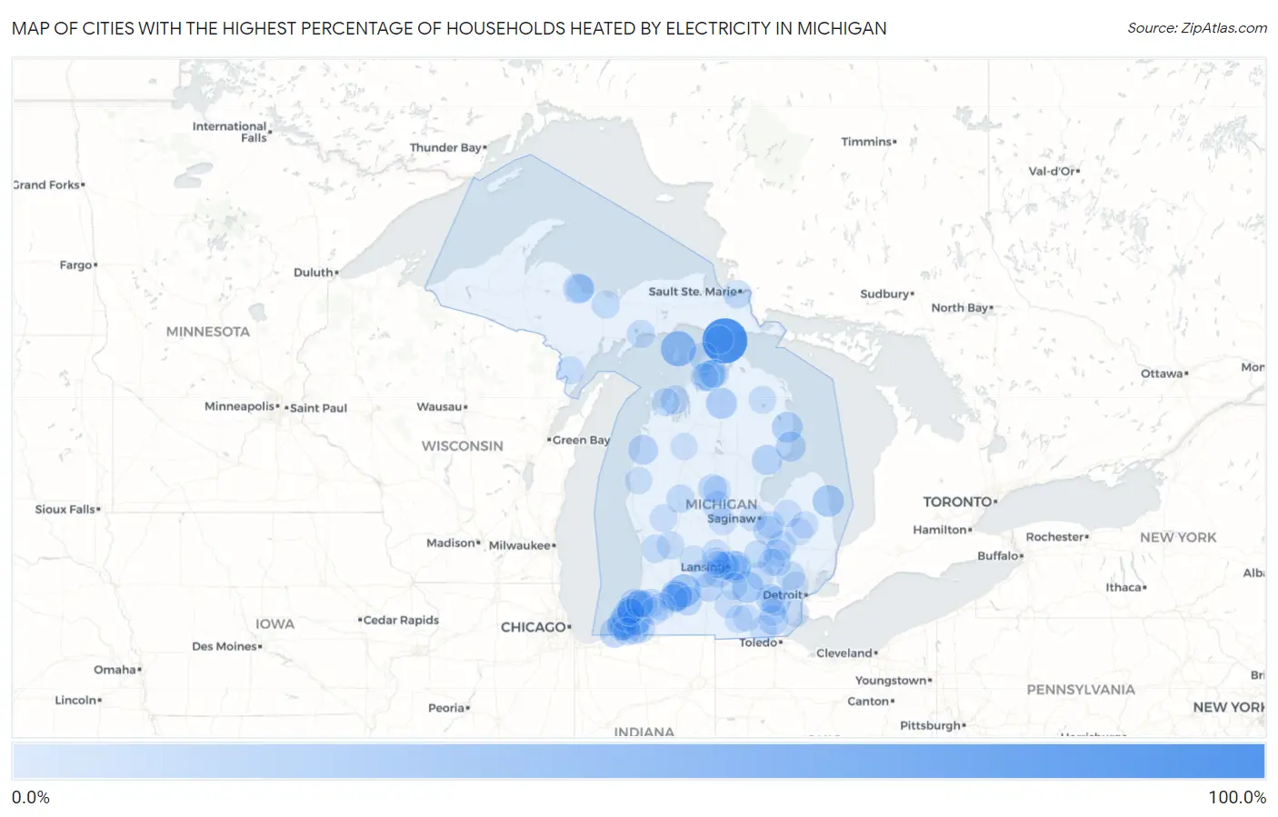 Cities with the Highest Percentage of Households Heated by Electricity in Michigan Map