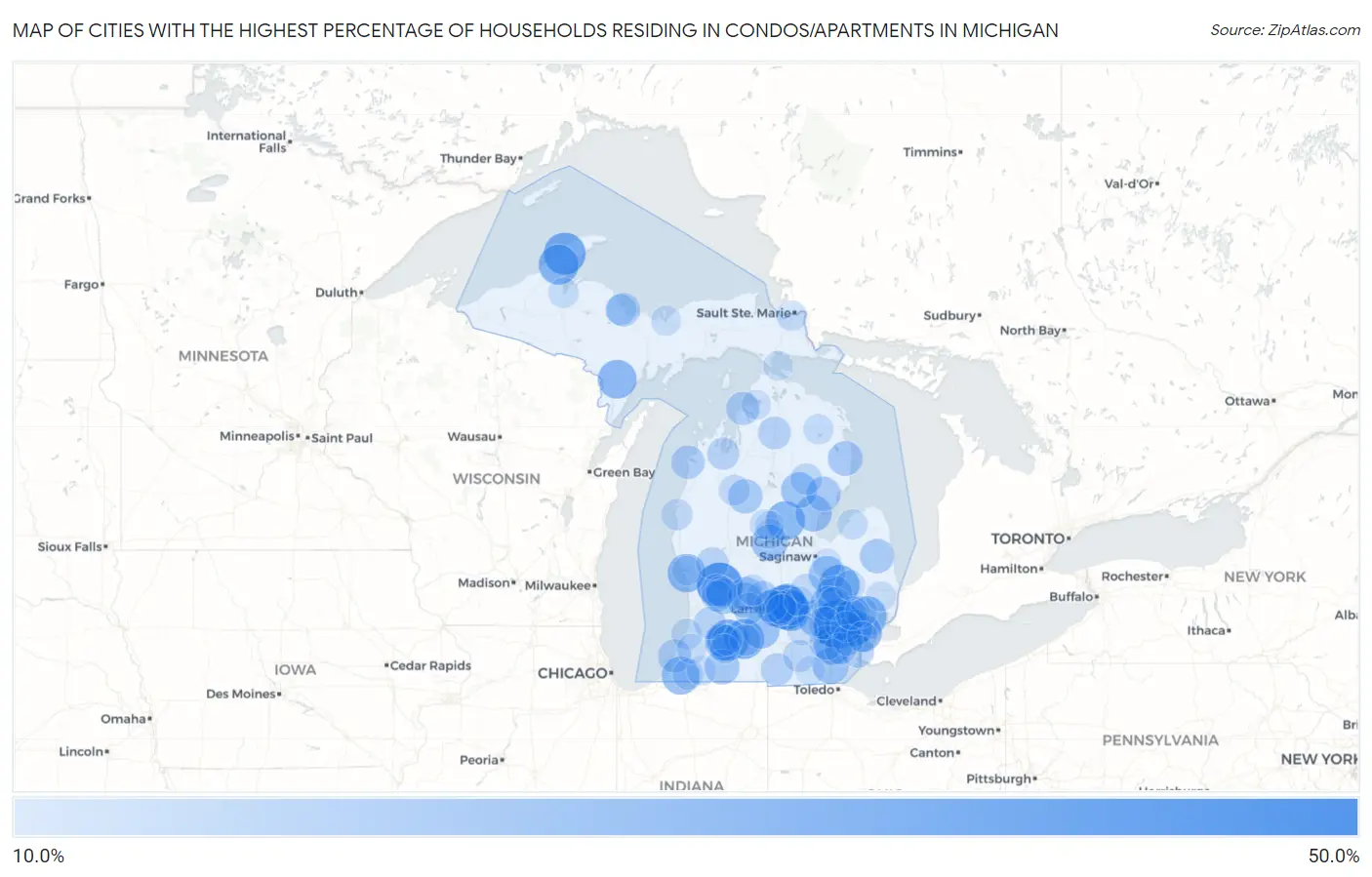 Cities with the Highest Percentage of Households Residing in Condos/Apartments in Michigan Map