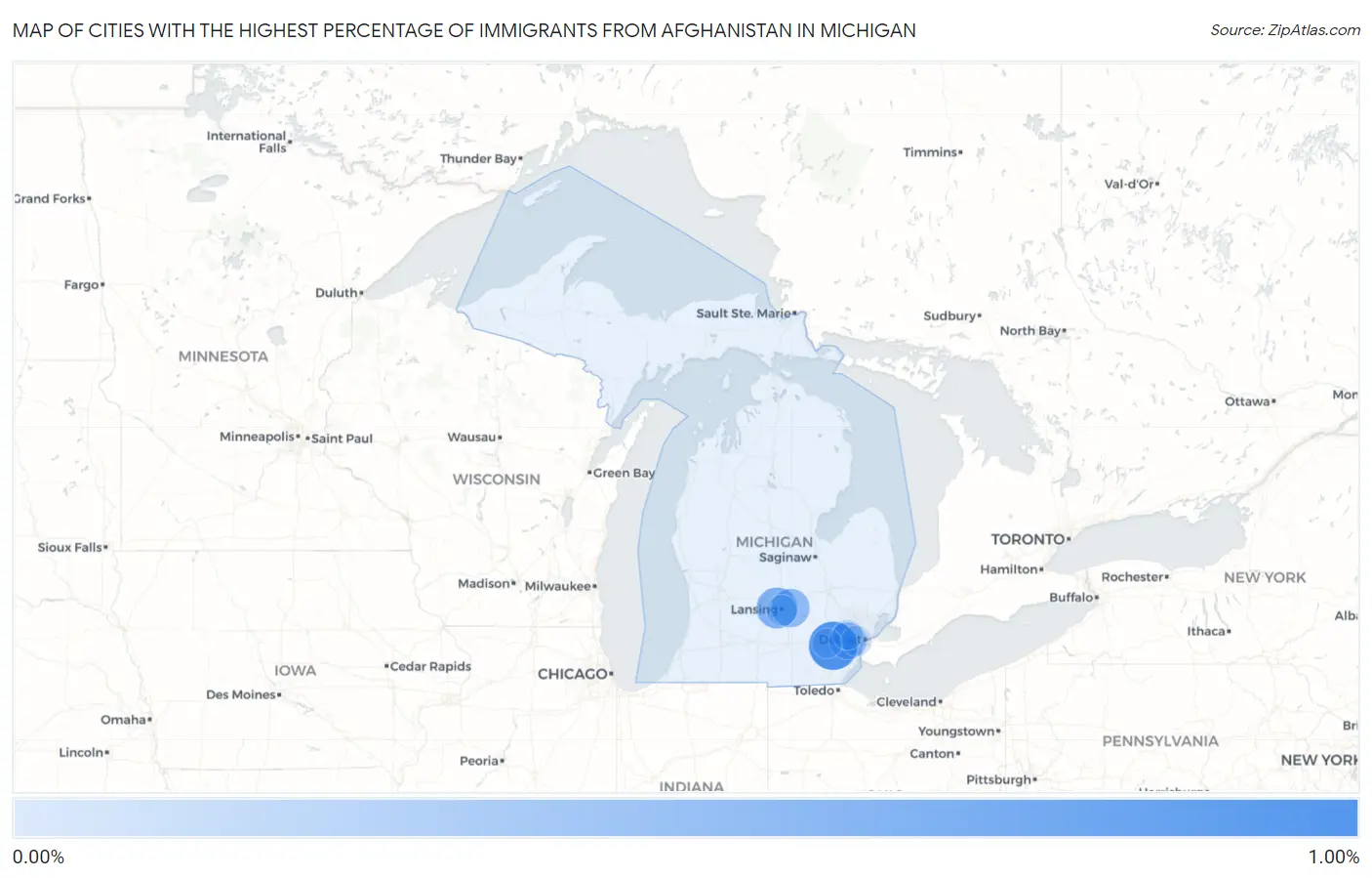 Cities with the Highest Percentage of Immigrants from Afghanistan in Michigan Map