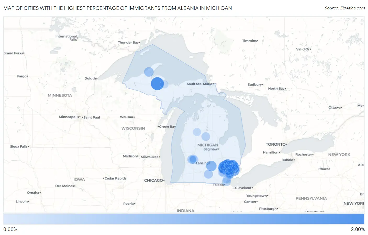 Cities with the Highest Percentage of Immigrants from Albania in Michigan Map