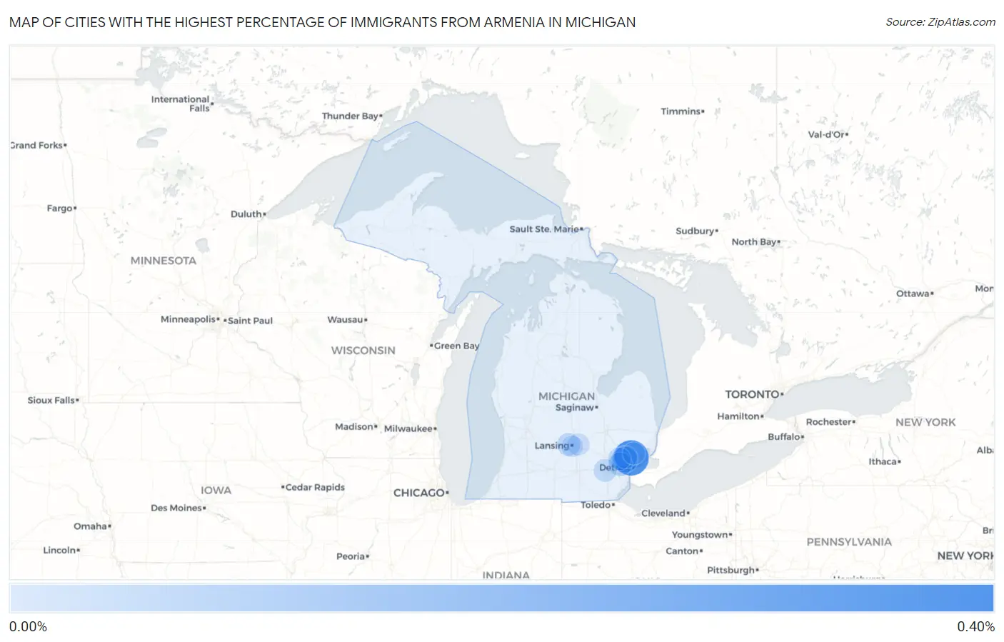 Cities with the Highest Percentage of Immigrants from Armenia in Michigan Map