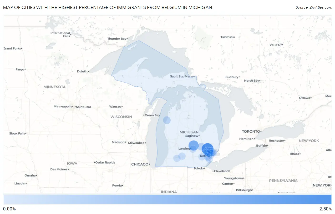 Cities with the Highest Percentage of Immigrants from Belgium in Michigan Map