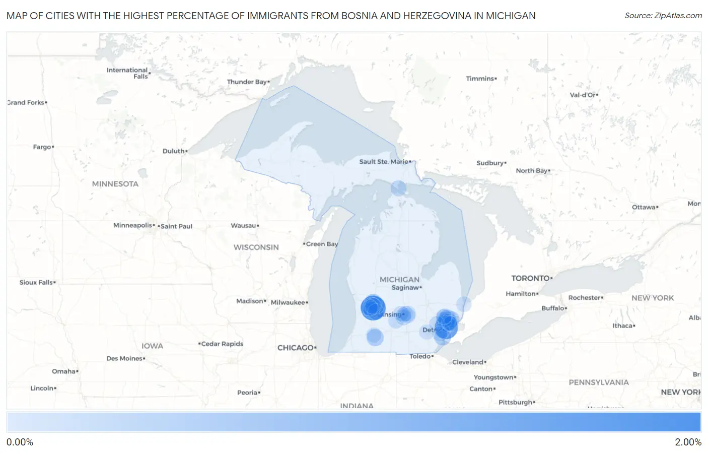Cities with the Highest Percentage of Immigrants from Bosnia and Herzegovina in Michigan Map